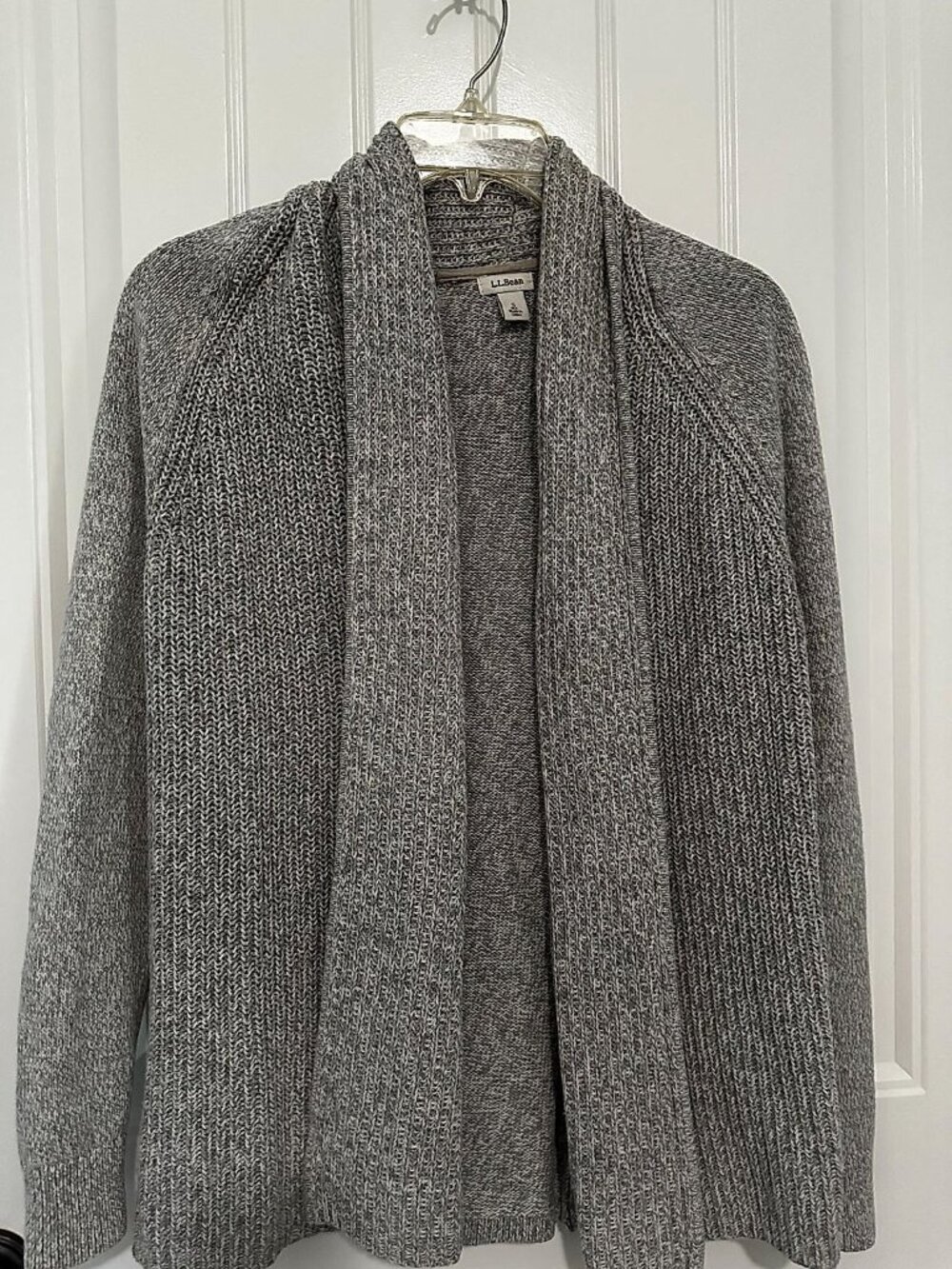 L.L. Bean Women's Open-Front Shawl Collar Cardigan Sweater, Marled Grey and Whit